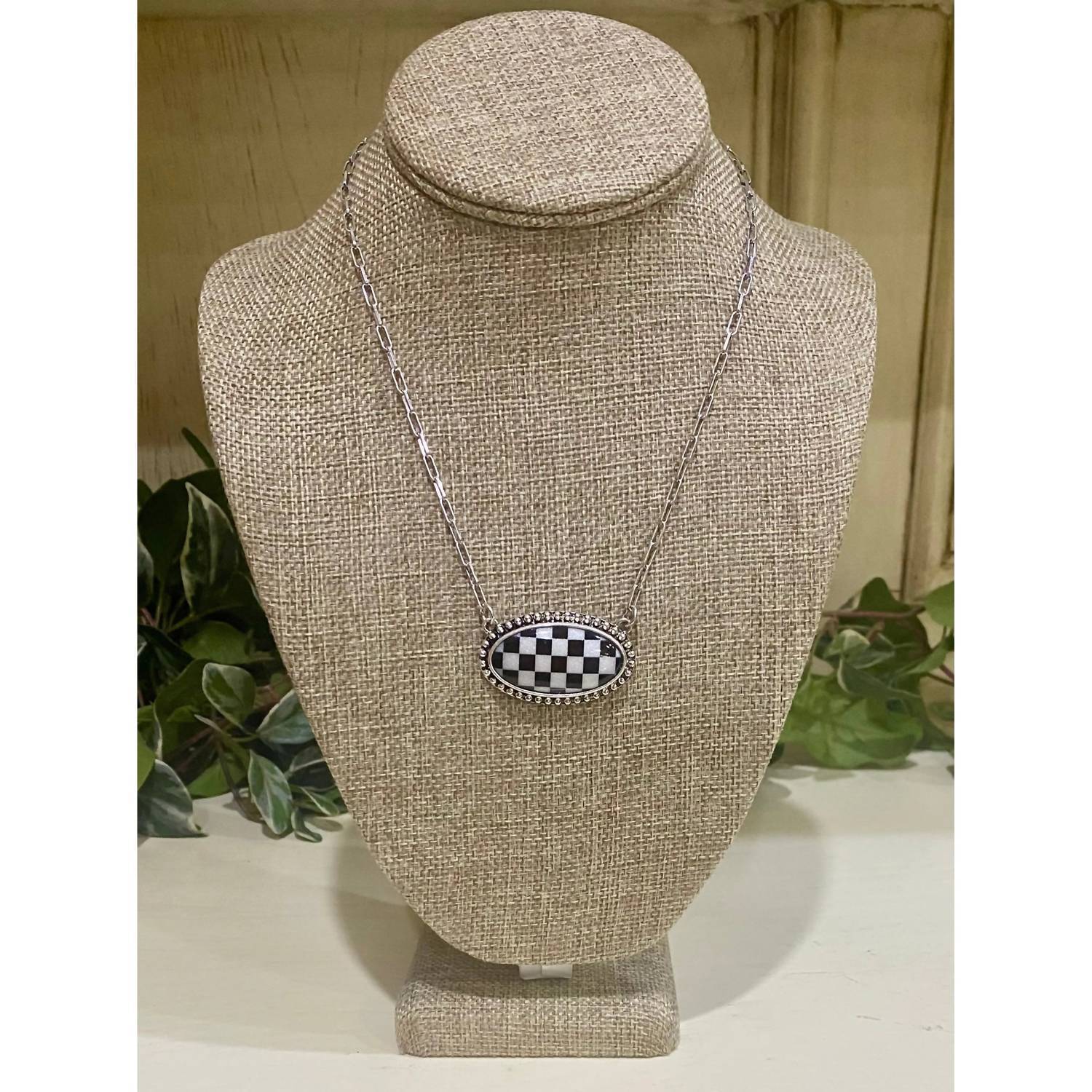 New Pink Panache Women's Checkerboard Oval Pendant Necklace In Black/White